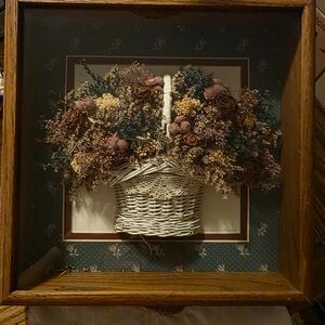 Beautuful Vintage Framed Wicker Basket Floral Wall Art Neutral Tones Shadow Box